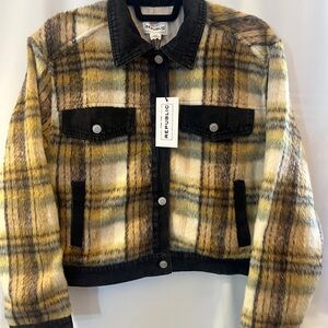 For The Republic Women’s Cropped Plaid Black Denim Trucker Jacket Size L -  NWT